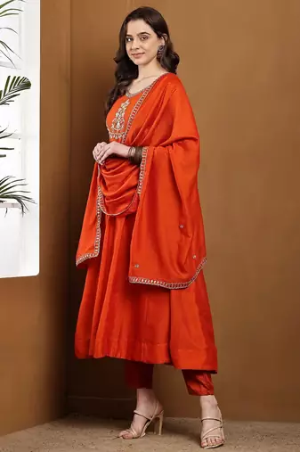 Orange embroidered vichitra silk kurta pant dupatta set