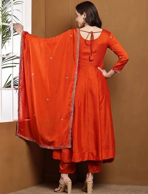 Orange embroidered vichitra silk kurta pant dupatta set 5