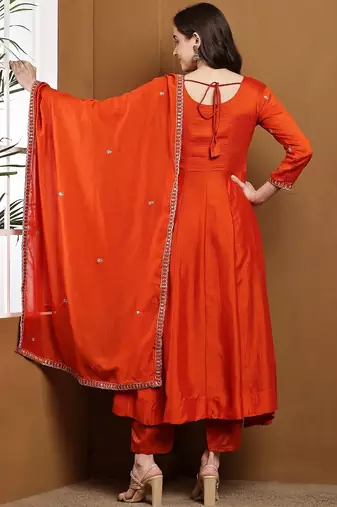 Orange embroidered vichitra silk kurta pant dupatta set