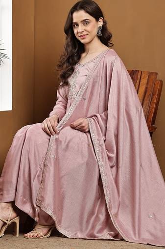 Pink embroidered vichitra silk kurta pant dupatta set