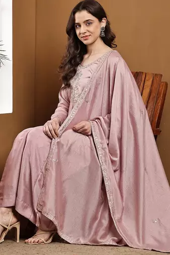 Pink embroidered vichitra silk kurta pant dupatta set