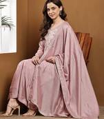 Pink embroidered vichitra silk kurta pant dupatta set