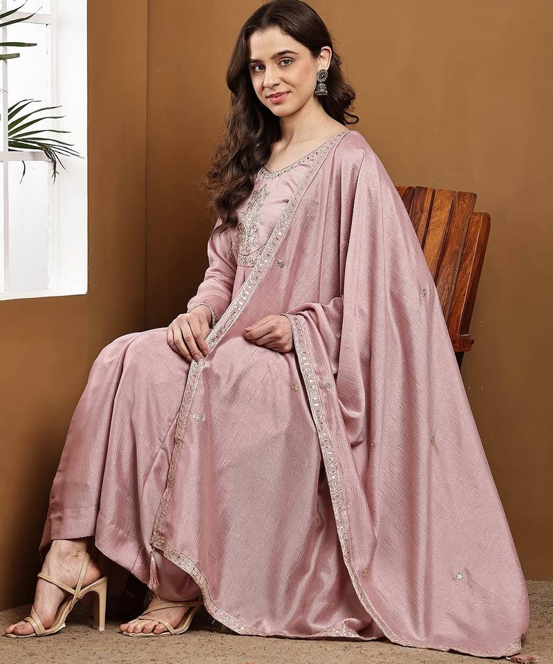 Pink embroidered vichitra silk kurta pant dupatta set