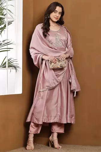 Pink embroidered vichitra silk kurta pant dupatta set