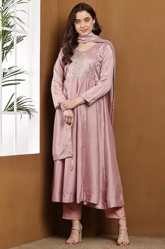 Pink embroidered vichitra silk kurta pant dupatta set
