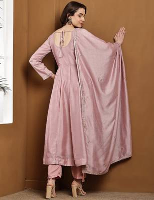 Pink embroidered vichitra silk kurta pant dupatta set 5