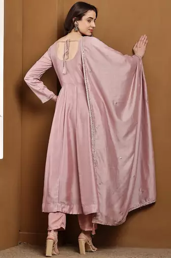 Pink embroidered vichitra silk kurta pant dupatta set