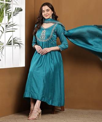 Rama embroidered vichitra silk kurta pant dupatta set 1