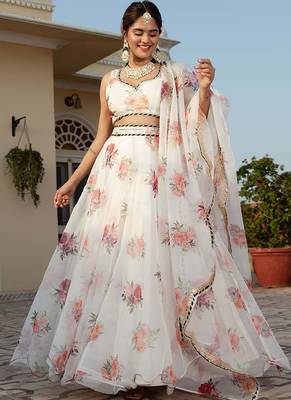 White Faux Organza Floral Digital Printed Readymade Lehenga 1
