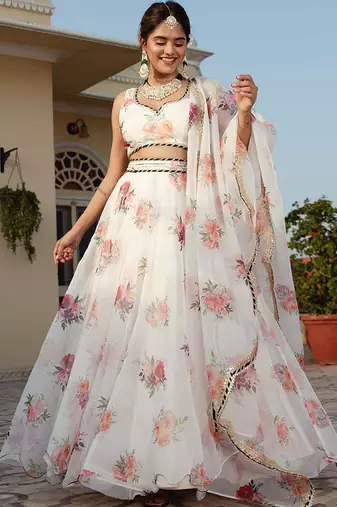 White Faux Organza Floral Digital Printed Readymade Lehenga