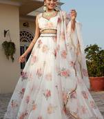 White Faux Organza Floral Digital Printed Readymade Lehenga