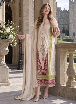 White silk blend readymade suit with embroidery & sequence work 1