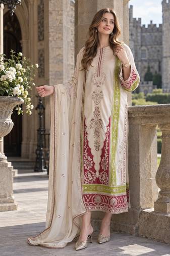 White silk blend readymade suit with embroidery & sequence work