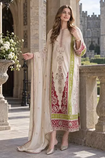 White silk blend readymade suit with embroidery & sequence work