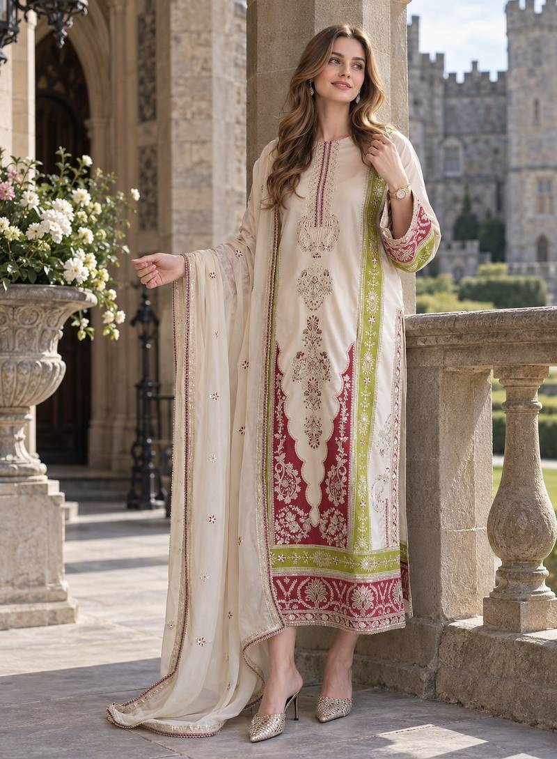 White silk blend readymade suit with embroidery & sequence work