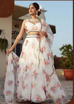 White Faux Organza Floral Digital Printed Readymade Lehenga 2
