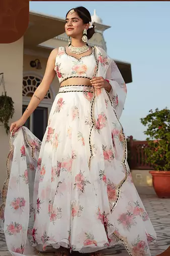 White Faux Organza Floral Digital Printed Readymade Lehenga