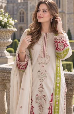 White silk blend readymade suit with embroidery & sequence work 2