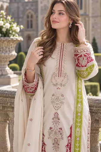White silk blend readymade suit with embroidery & sequence work
