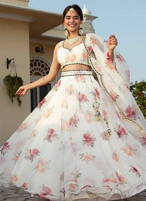 White Faux Organza Floral Digital Printed Readymade Lehenga 3