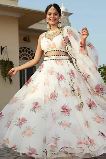 White Faux Organza Floral Digital Printed Readymade Lehenga
