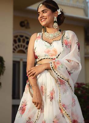 White Faux Organza Floral Digital Printed Readymade Lehenga 4