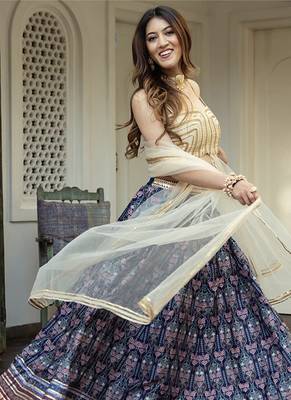 Navy Blue Art Silk Printed Readymade Lehenga Choli Set with Dupatta 1