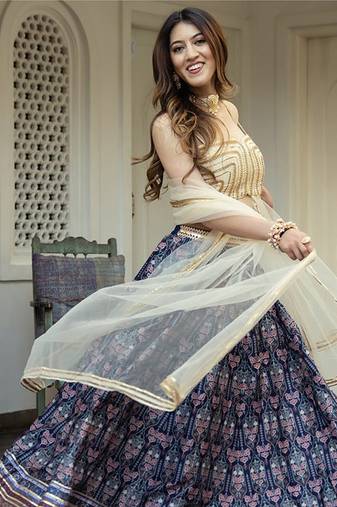 Navy Blue Art Silk Printed Readymade Lehenga Choli Set with Dupatta