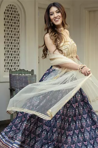Navy Blue Art Silk Printed Readymade Lehenga Choli Set with Dupatta