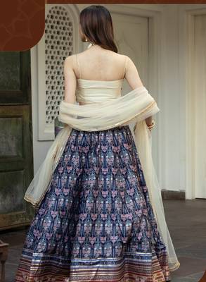 Navy Blue Art Silk Printed Readymade Lehenga Choli Set with Dupatta 2