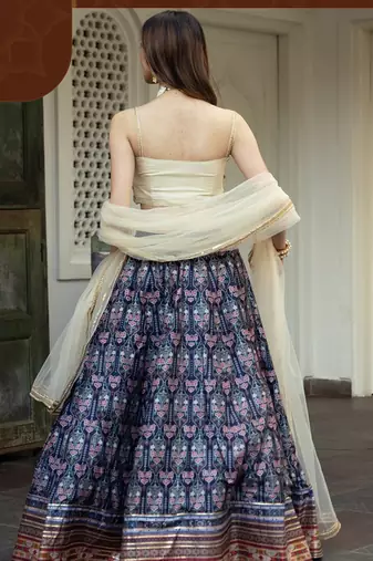 Navy Blue Art Silk Printed Readymade Lehenga Choli Set with Dupatta