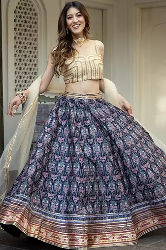 Navy Blue Art Silk Printed Readymade Lehenga Choli Set with Dupatta