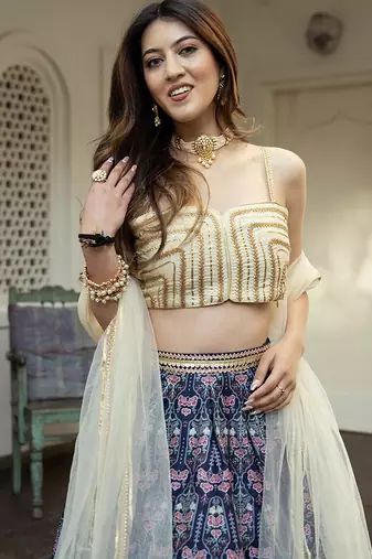 Navy Blue Art Silk Printed Readymade Lehenga Choli Set with Dupatta