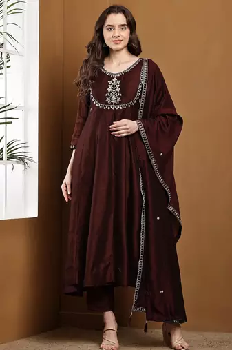 Brown embroidered vichitra silk kurta pant dupatta set