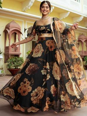 Black Faux Organza Floral Digital Printed Readymade Lehenga Choli 1