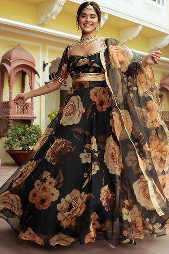 Black Faux Organza Floral Digital Printed Readymade Lehenga Choli