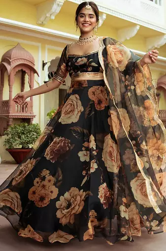 Black Faux Organza Floral Digital Printed Readymade Lehenga Choli