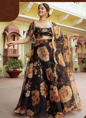 Black Faux Organza Floral Digital Printed Readymade Lehenga Choli 2