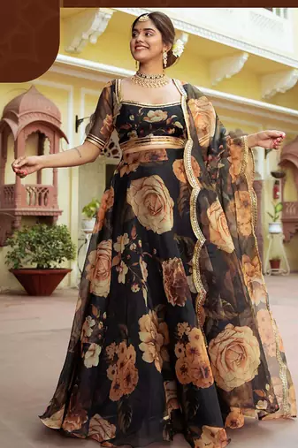 Black Faux Organza Floral Digital Printed Readymade Lehenga Choli