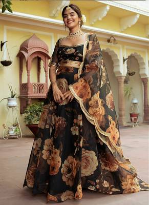Black Faux Organza Floral Digital Printed Readymade Lehenga Choli 3