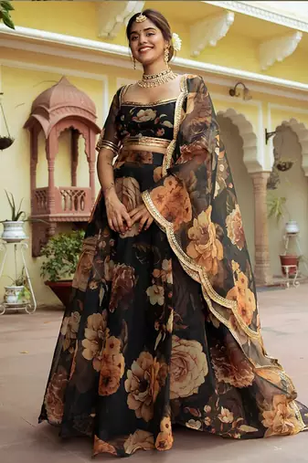 Black Faux Organza Floral Digital Printed Readymade Lehenga Choli
