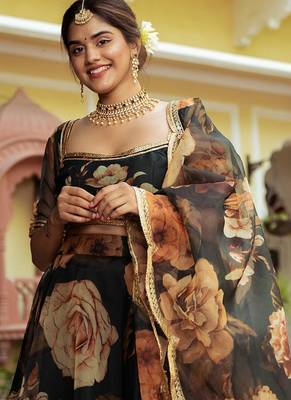 Black Faux Organza Floral Digital Printed Readymade Lehenga Choli 4