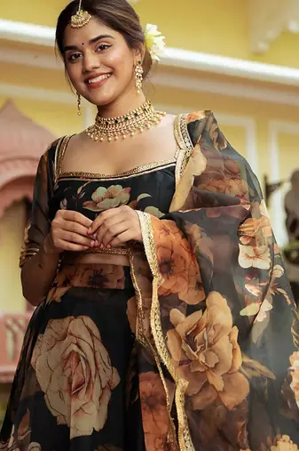 Black Faux Organza Floral Digital Printed Readymade Lehenga Choli