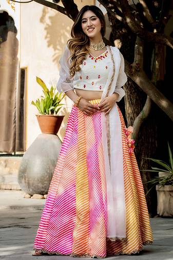 Multicolor Faux Organza Silk Leheriya Printed Readymade Lehenga Choli Set