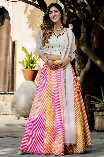 Multicolor Faux Organza Silk Leheriya Printed Readymade Lehenga Choli Set
