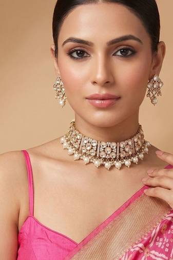 Gold plated premium designer moissanite kundan choker set