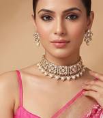 Gold plated premium designer moissanite kundan choker set