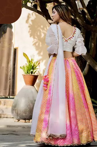 Multicolor Faux Organza Silk Leheriya Printed Readymade Lehenga Choli Set