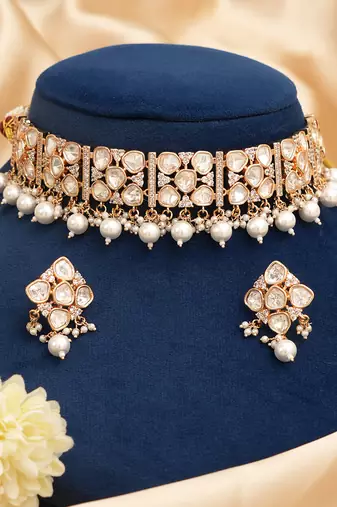 Gold plated premium designer moissanite kundan choker set