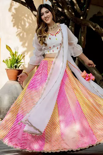 Multicolor Faux Organza Silk Leheriya Printed Readymade Lehenga Choli Set